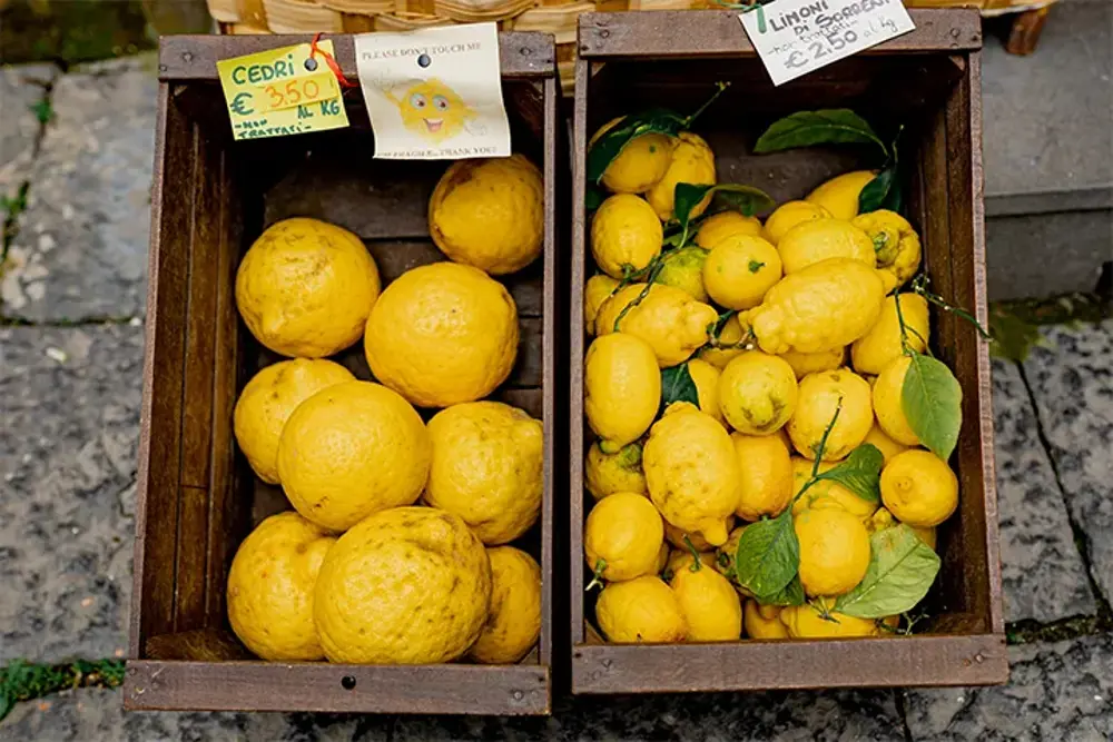 Trälådor med citroner och cedrofrukt på ett italienskt marknadsstånd
